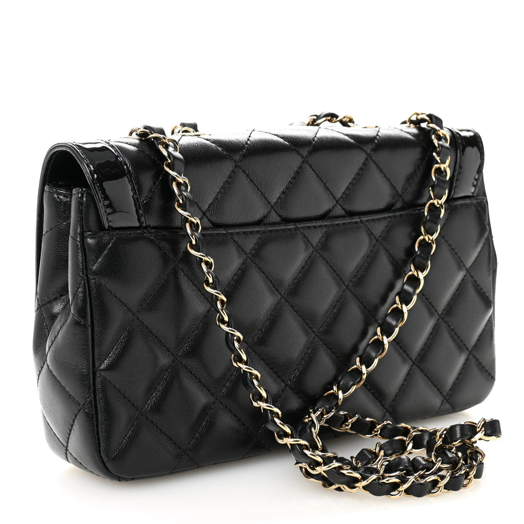 Lambskin Patent Calfskin Quilted Small Flap Bag Black