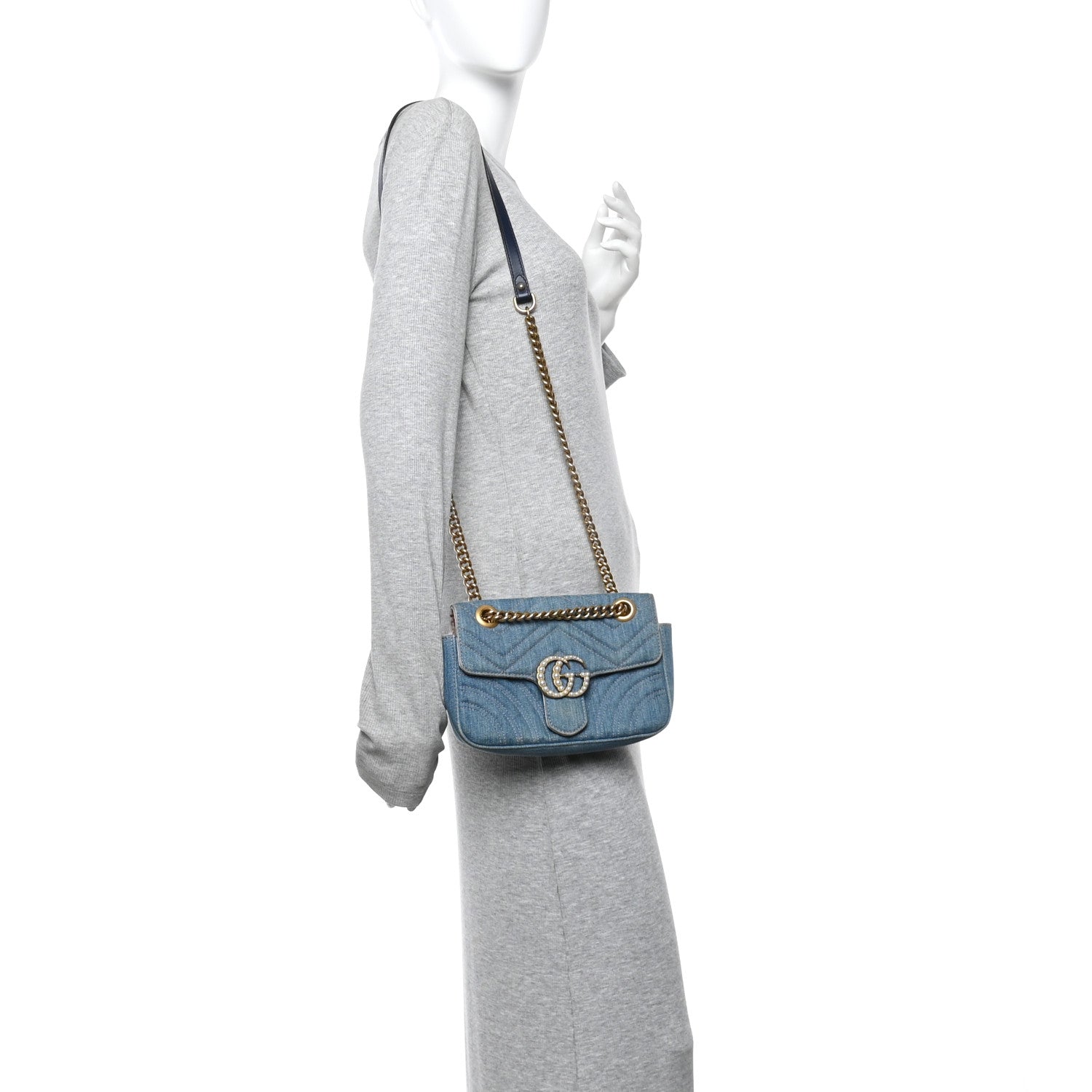 Denim Matelasse Small Pearly GG Marmont Shoulder Bag Blue
