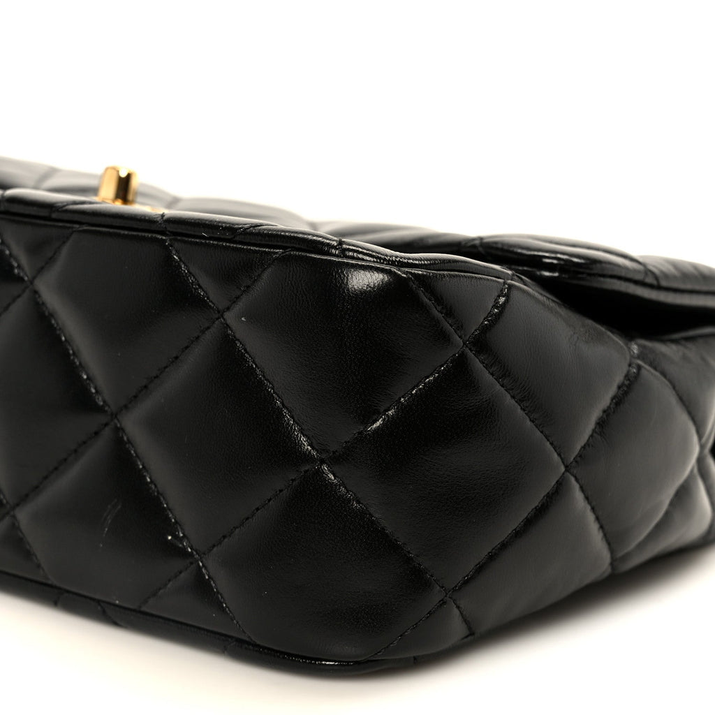 Shiny Lambskin Quilted Golden Links Top Handle Flap Black