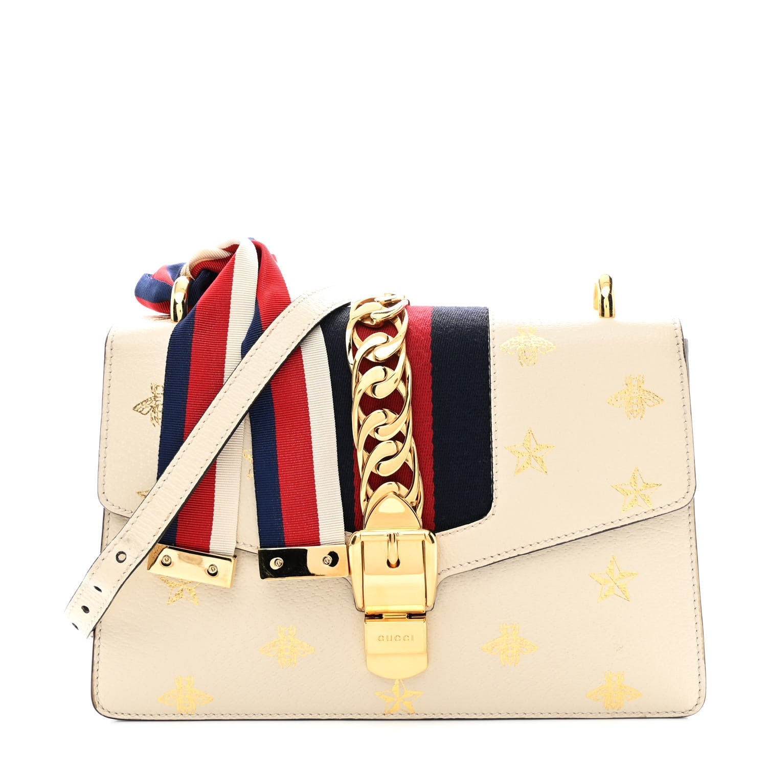 Textured Calfskin Bee Star Print Small Sylvie Shoulder Bag Mystic White