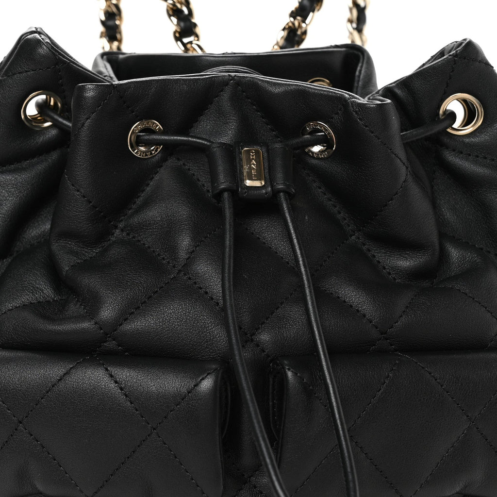 Lambskin Quilted Double Pocket Drawstring Backpack Black