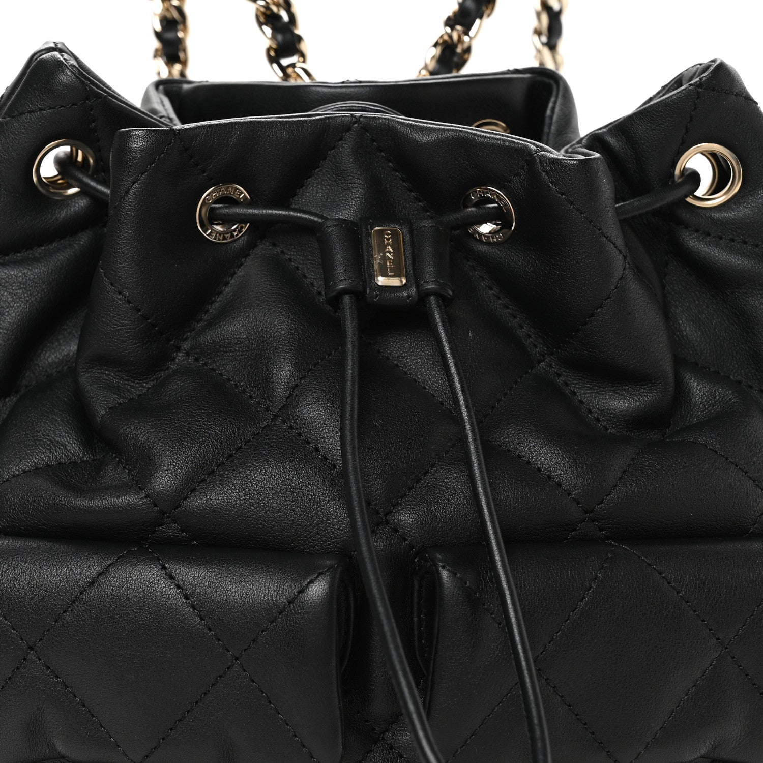 Lambskin Quilted Double Pocket Drawstring Backpack Black