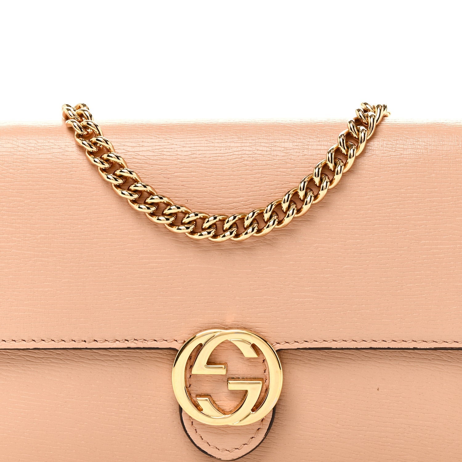 Dollar Calfskin Interlocking G Chain Wallet Camelia