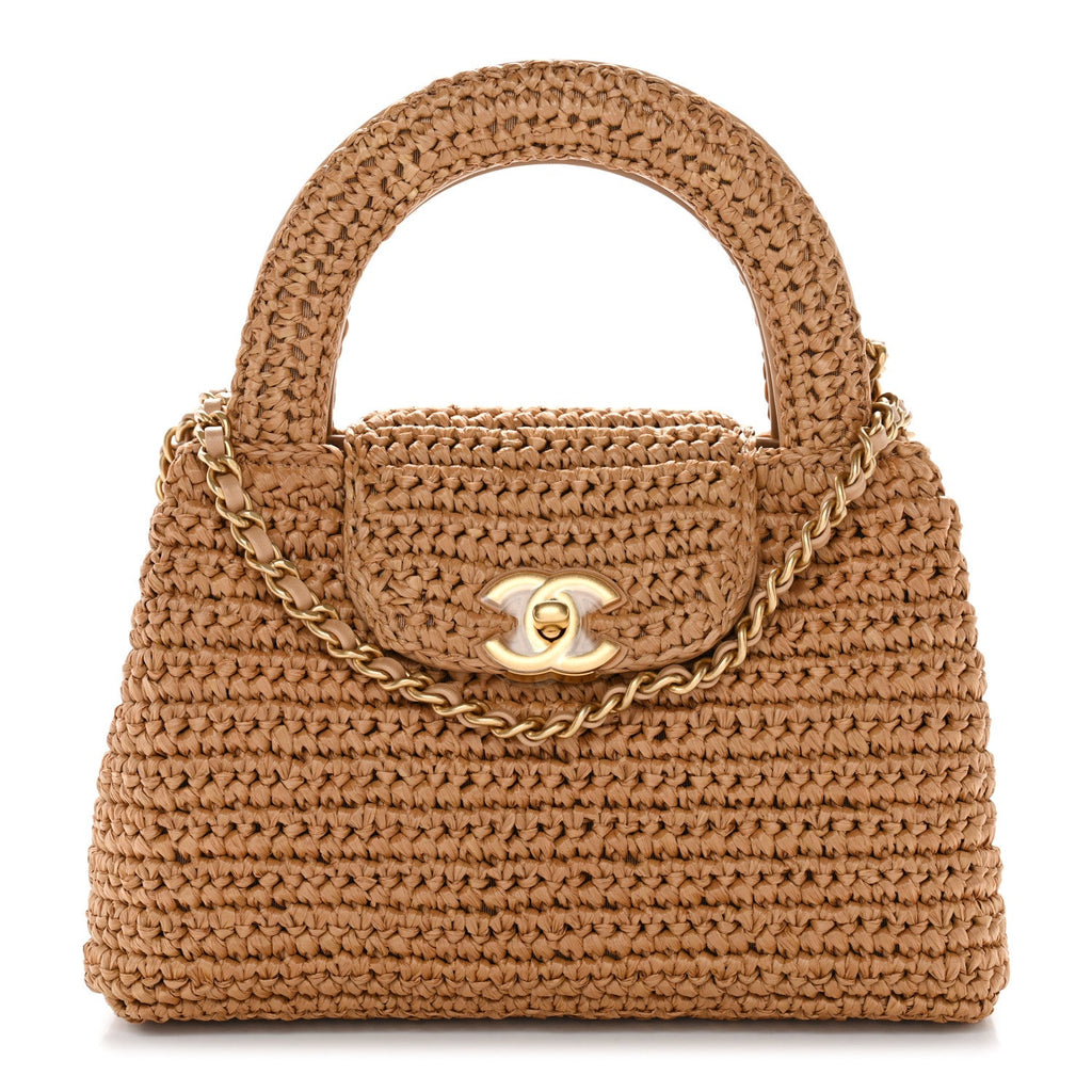Braided Raffia Nano Kelly Flap Bag Dark Beige