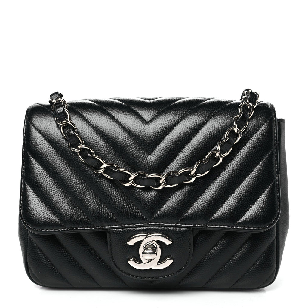 Caviar Chevron Quilted Mini Square Flap Black