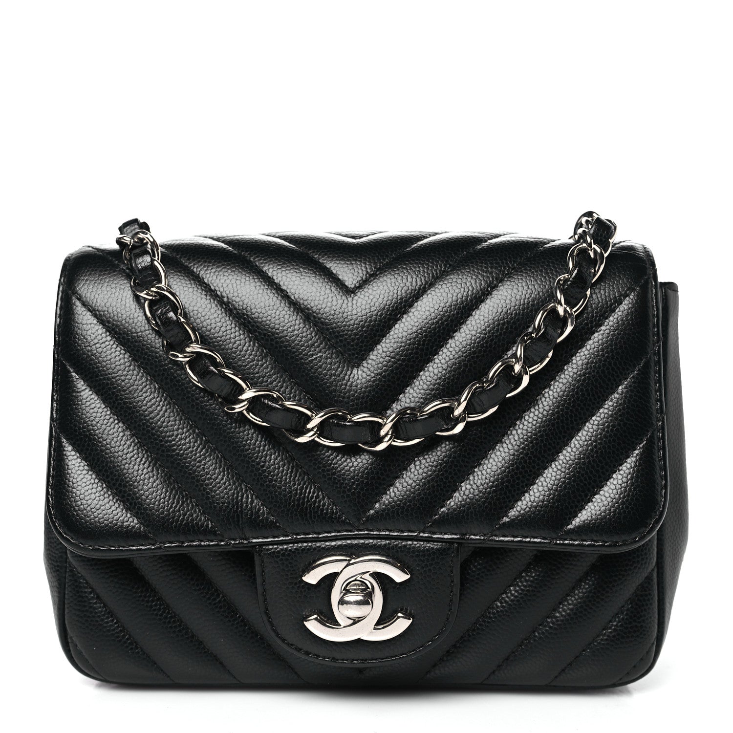 Caviar Chevron Quilted Mini Square Flap Black
