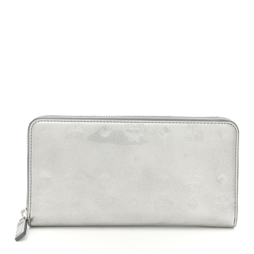 Metallic Monogram Patent Large Zip Around Wallet Silver