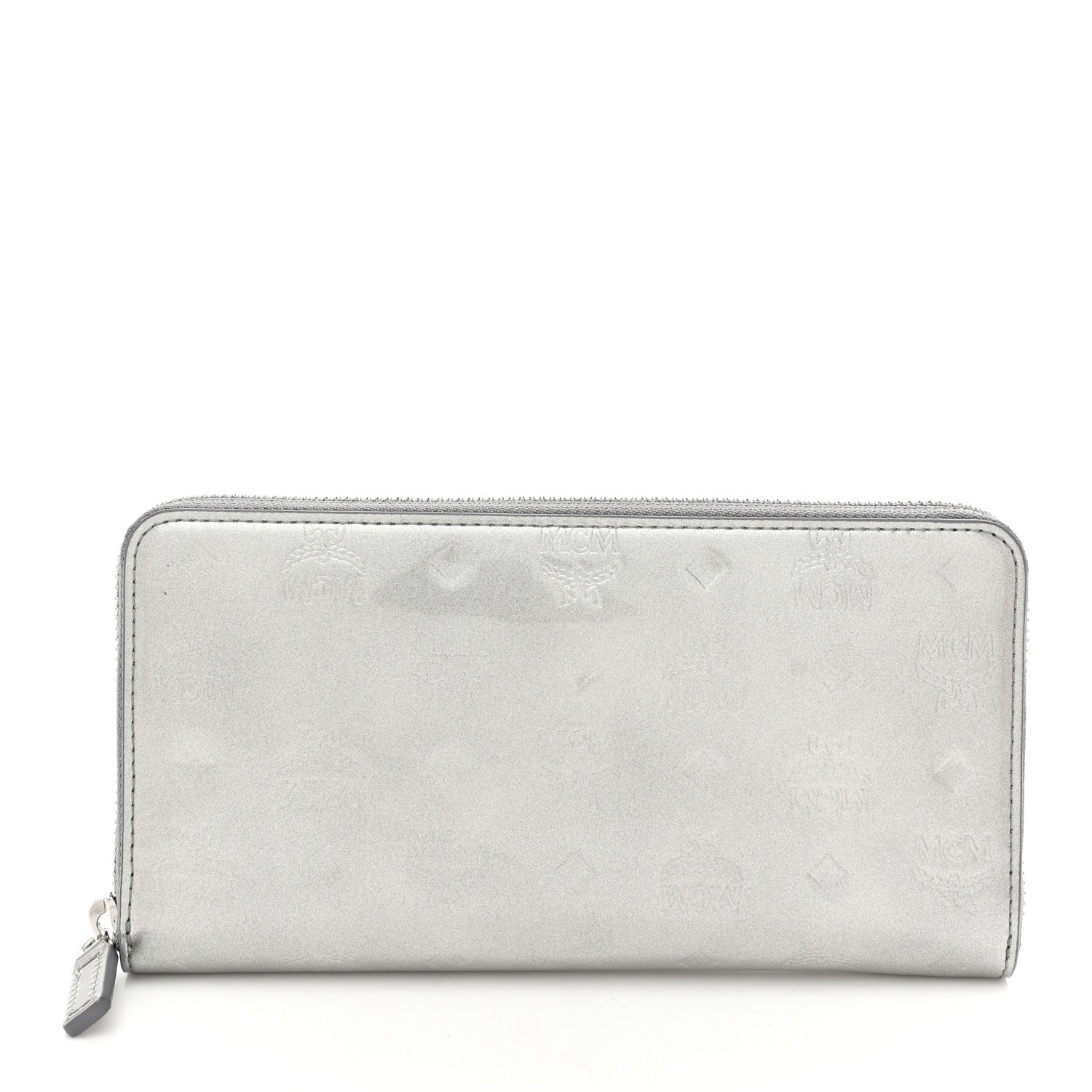 Metallic Monogram Patent Large Zip Around Wallet Silver