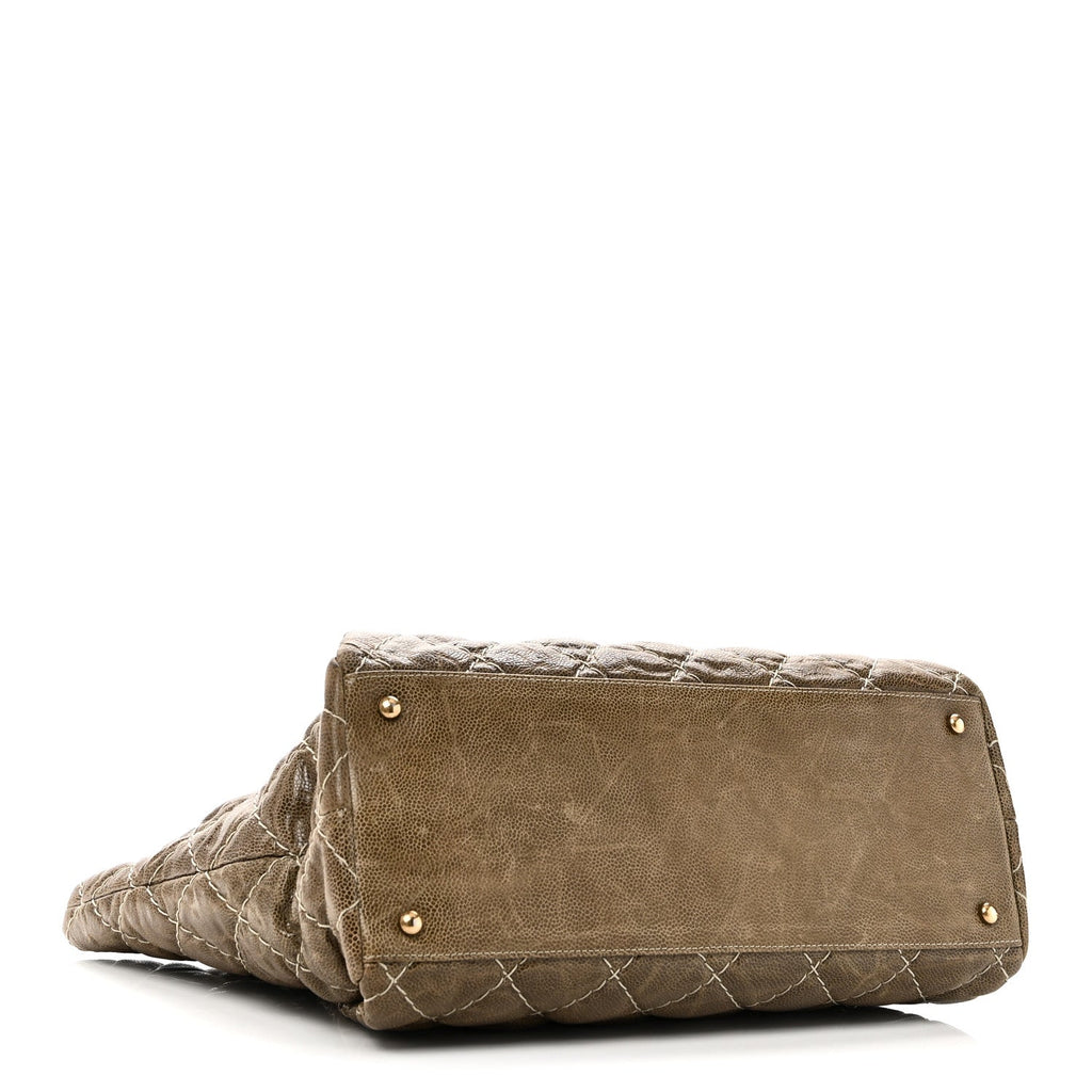 Crumpled Grained Calfskin Large Coco Pleats Tote Khaki