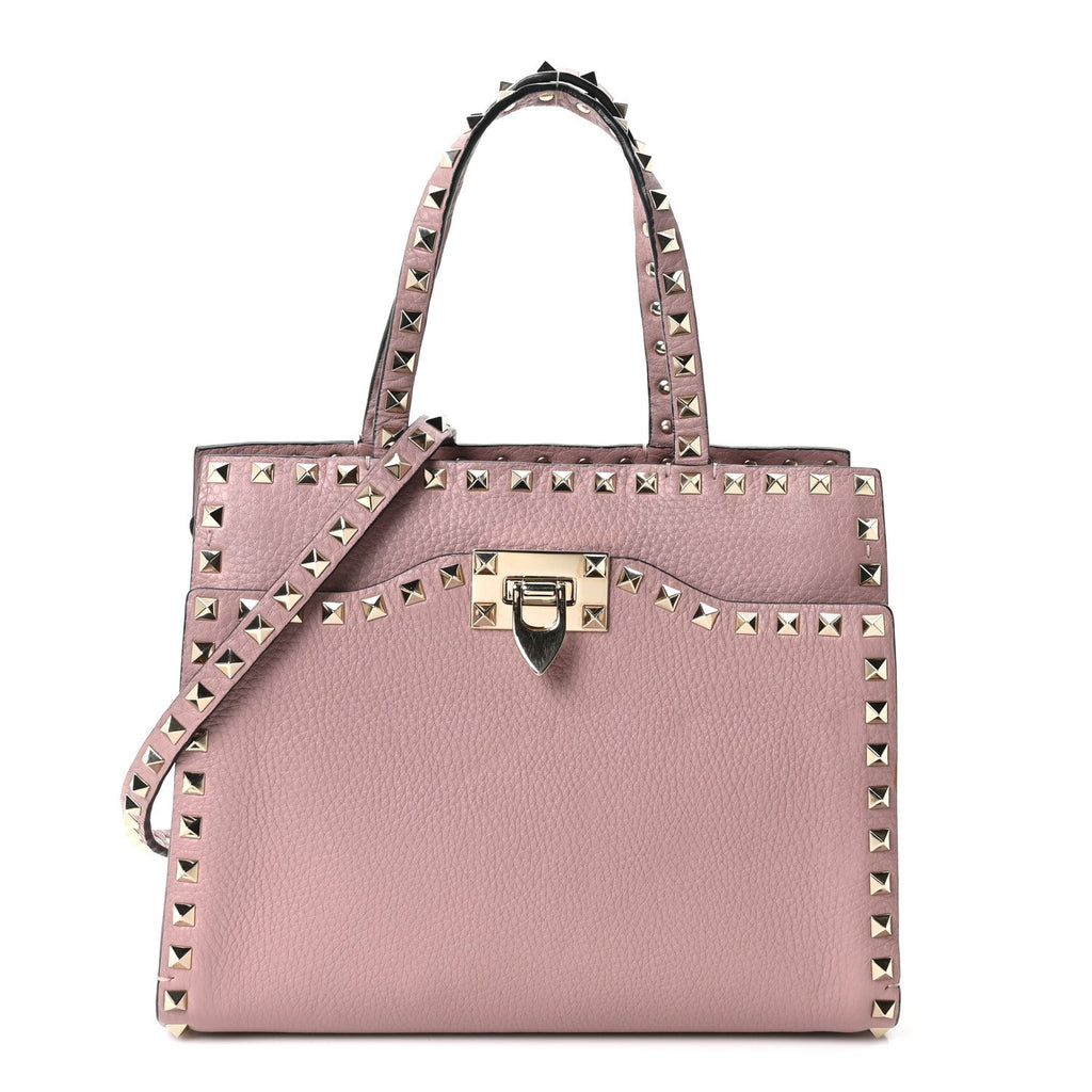 Grained Calfskin Rockstud Flip Lock Tote Lipstick