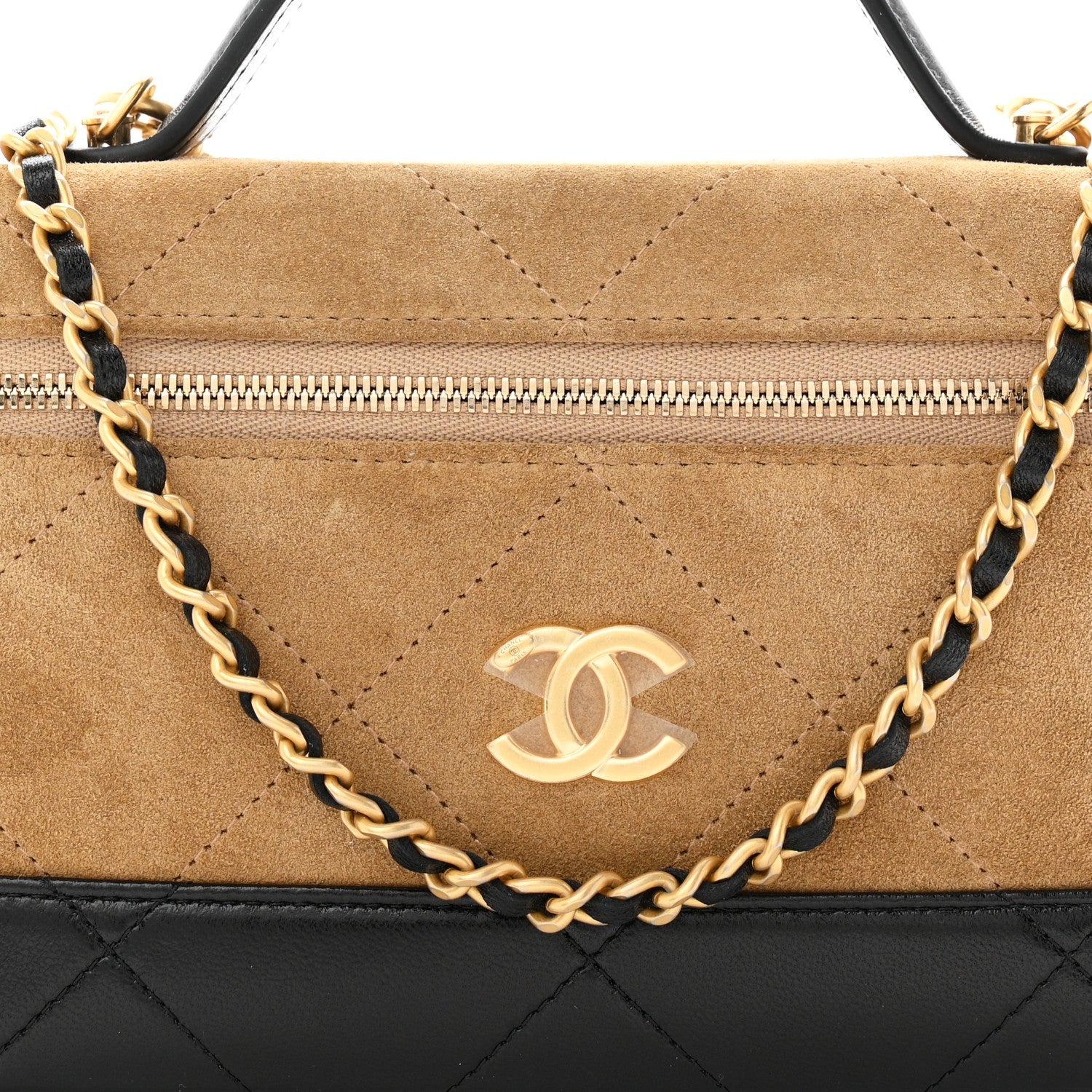 Suede Calfskin Shiny Lambskin Quilted Top Handle Slim Vanity Case With Chain Beige Black