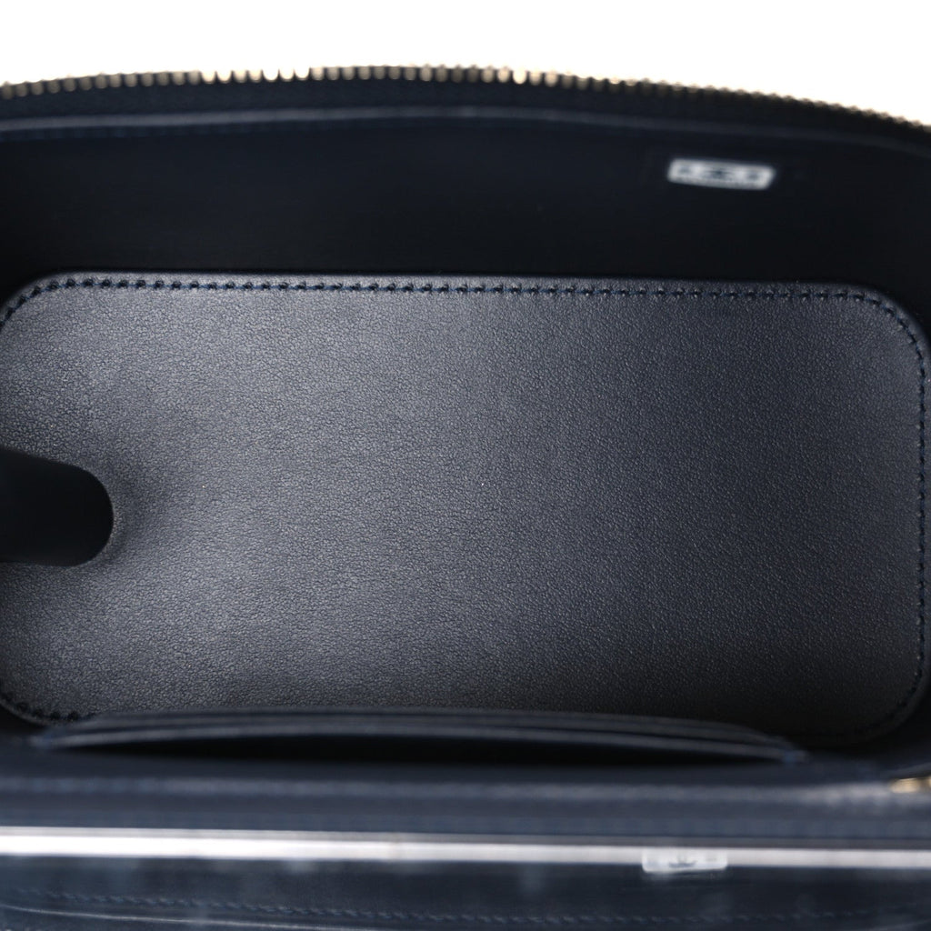 Denim Quilted Vanity Case With Chain Dark Blue Orange