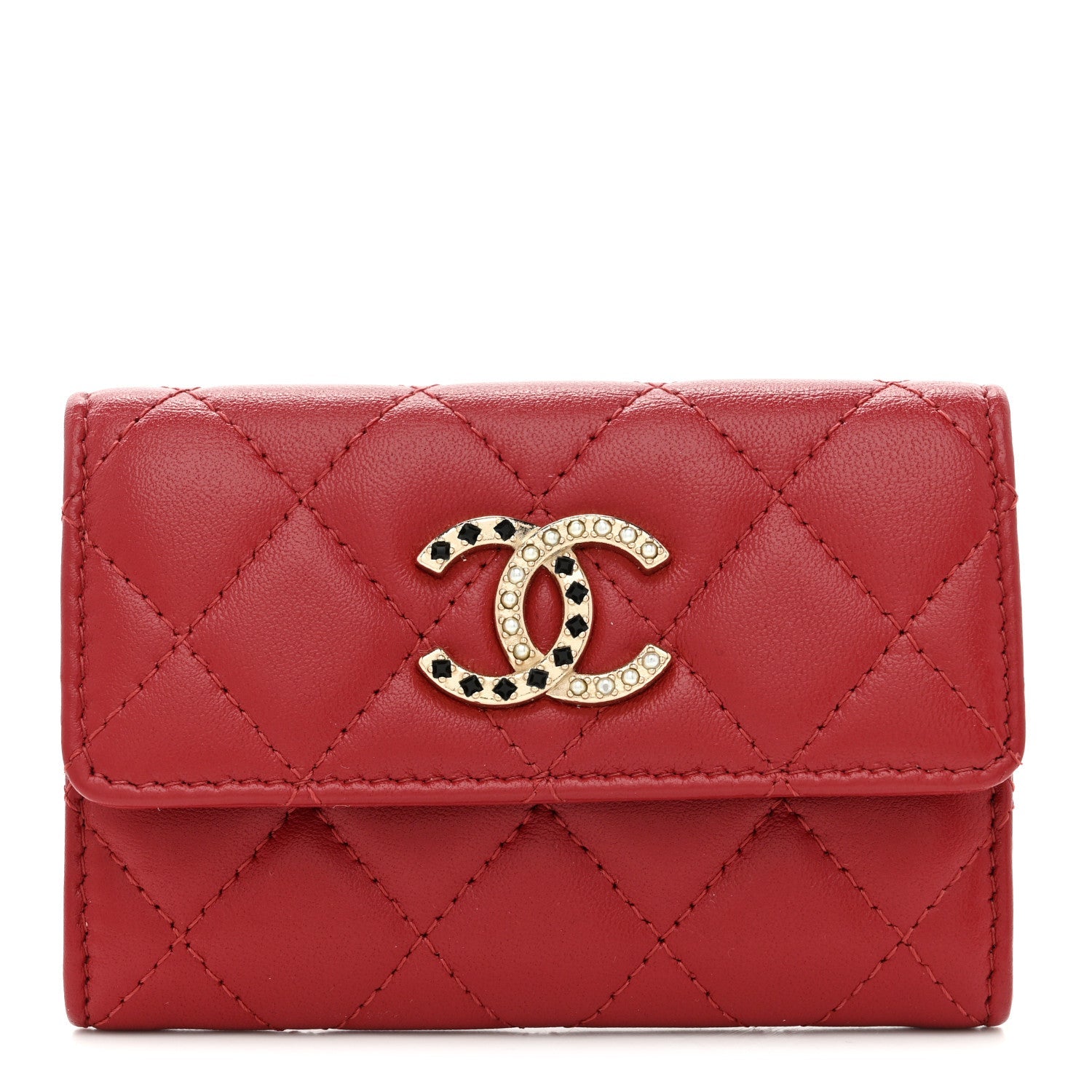 Lambskin Pearl Enamel Quilted Flap  Holder Red