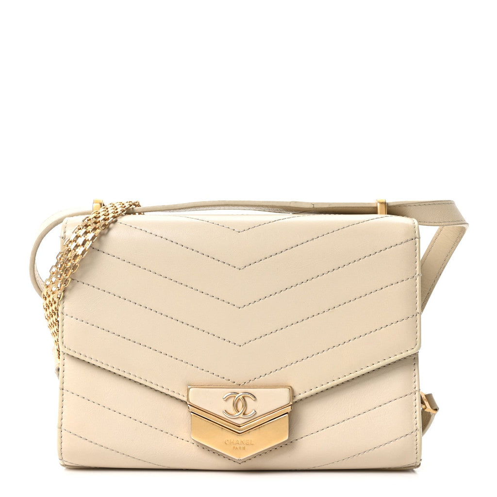 Calfskin Chevron Quilted Small Medal Flap White