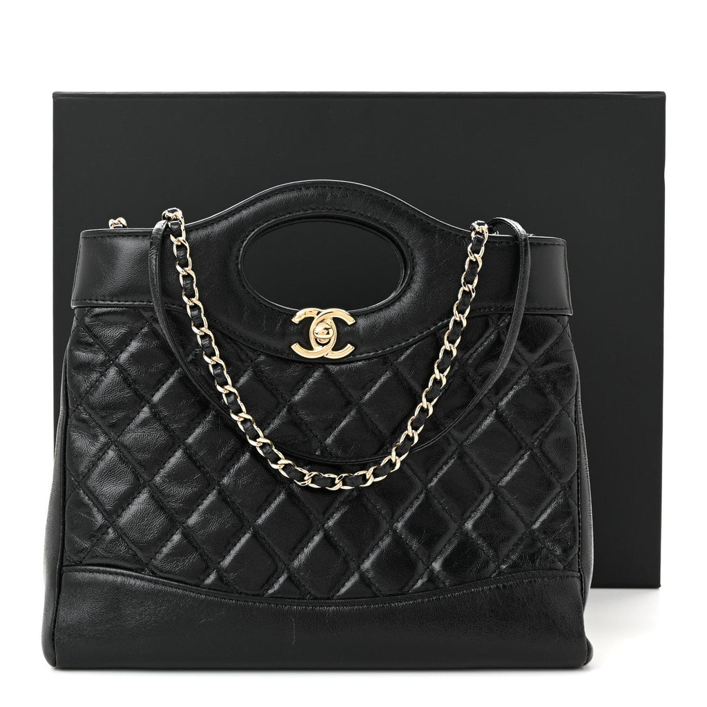 Shiny Crumpled Calfskin Quilted Mini 31 Shopping Bag Black