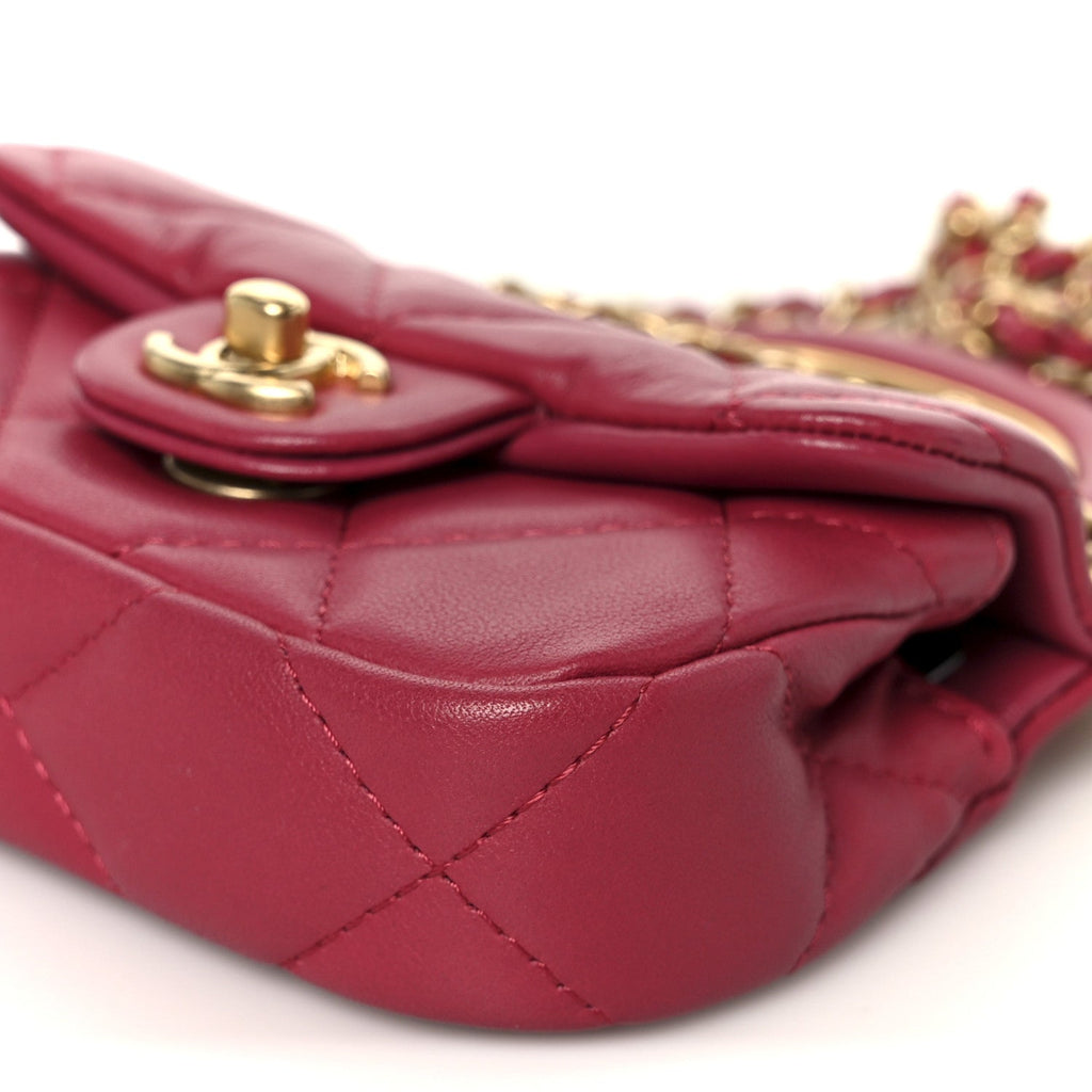 Calfskin Quilted Lady Handle Flap  Holder With Chain Dark Pink