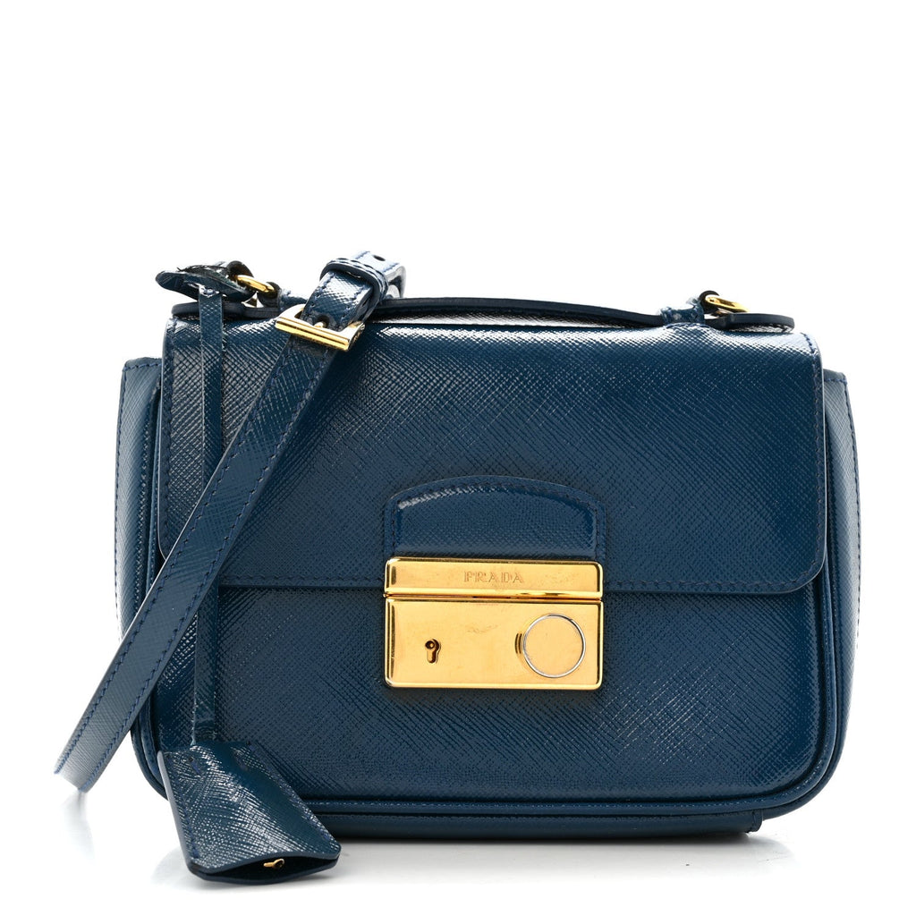 Saffiano Vernice Lock Flap Chain Bag Azzurro