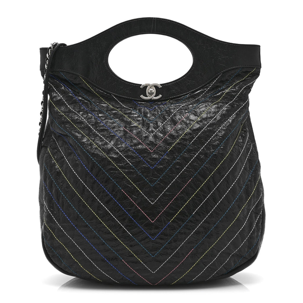 Glazed Calfskin Chevron Stitched Large 31 Shopping Bag Black Multicolor