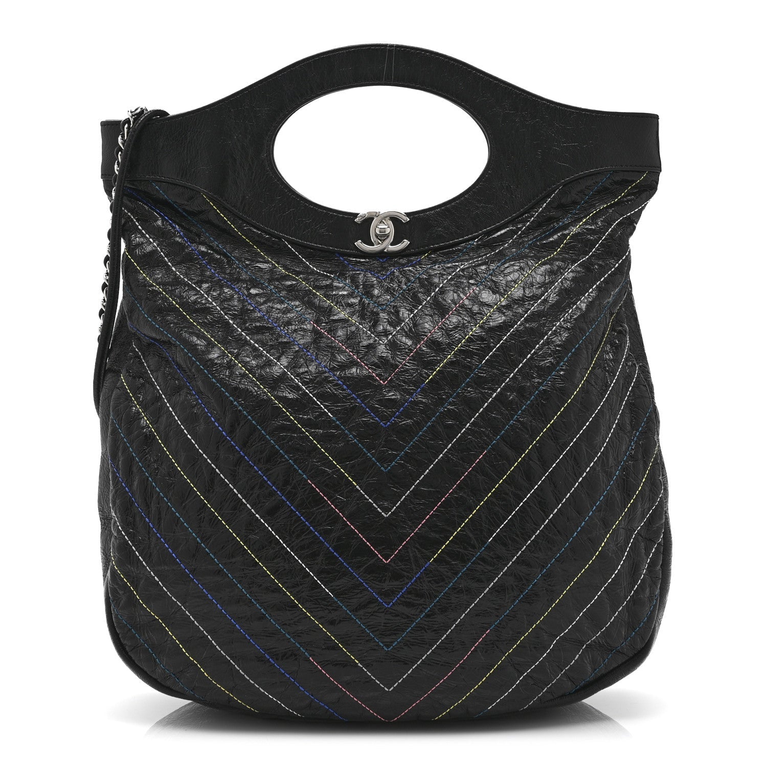 Glazed Calfskin Chevron Stitched Large 31 Shopping Bag Black Multicolor