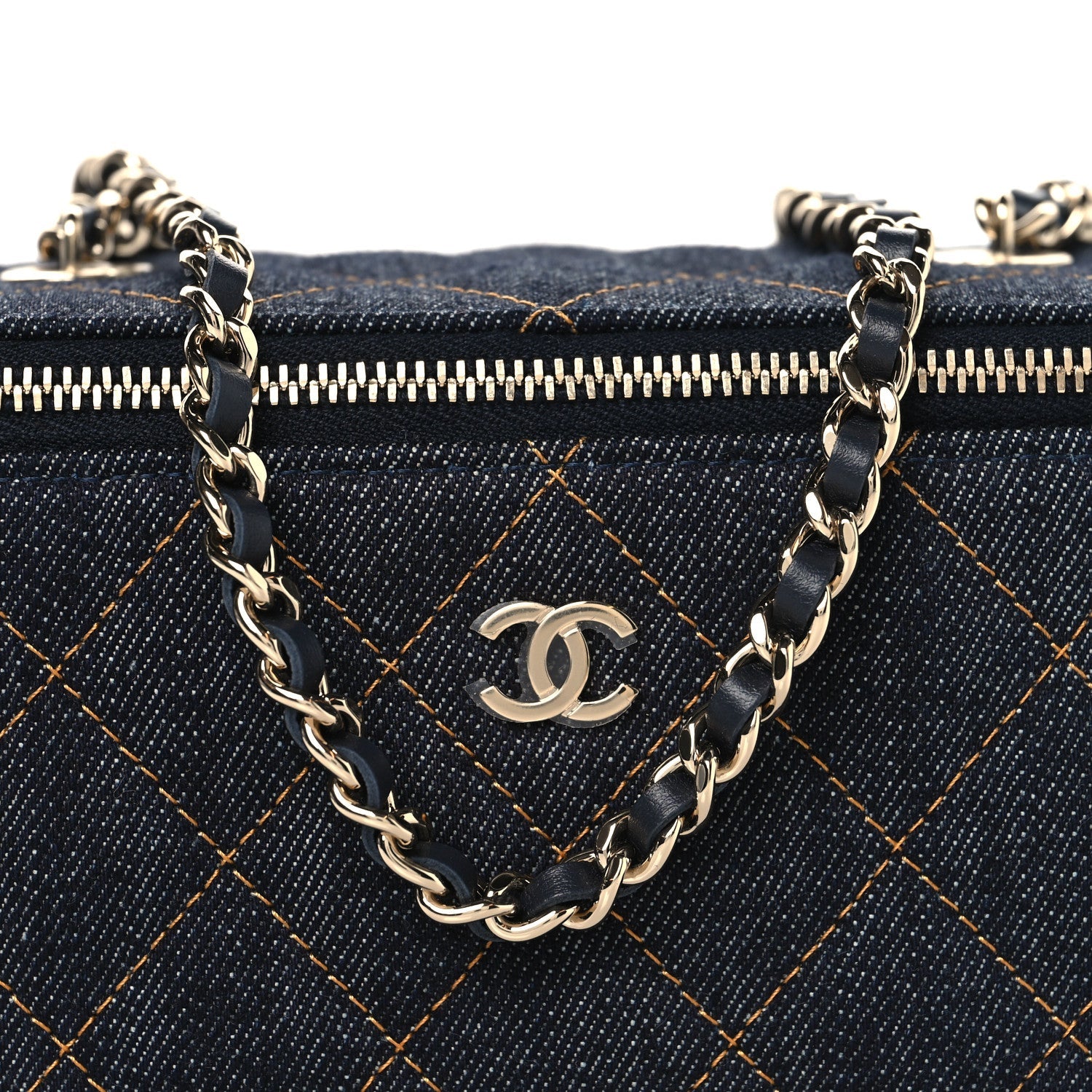 Denim Quilted Vanity Case With Chain Dark Blue