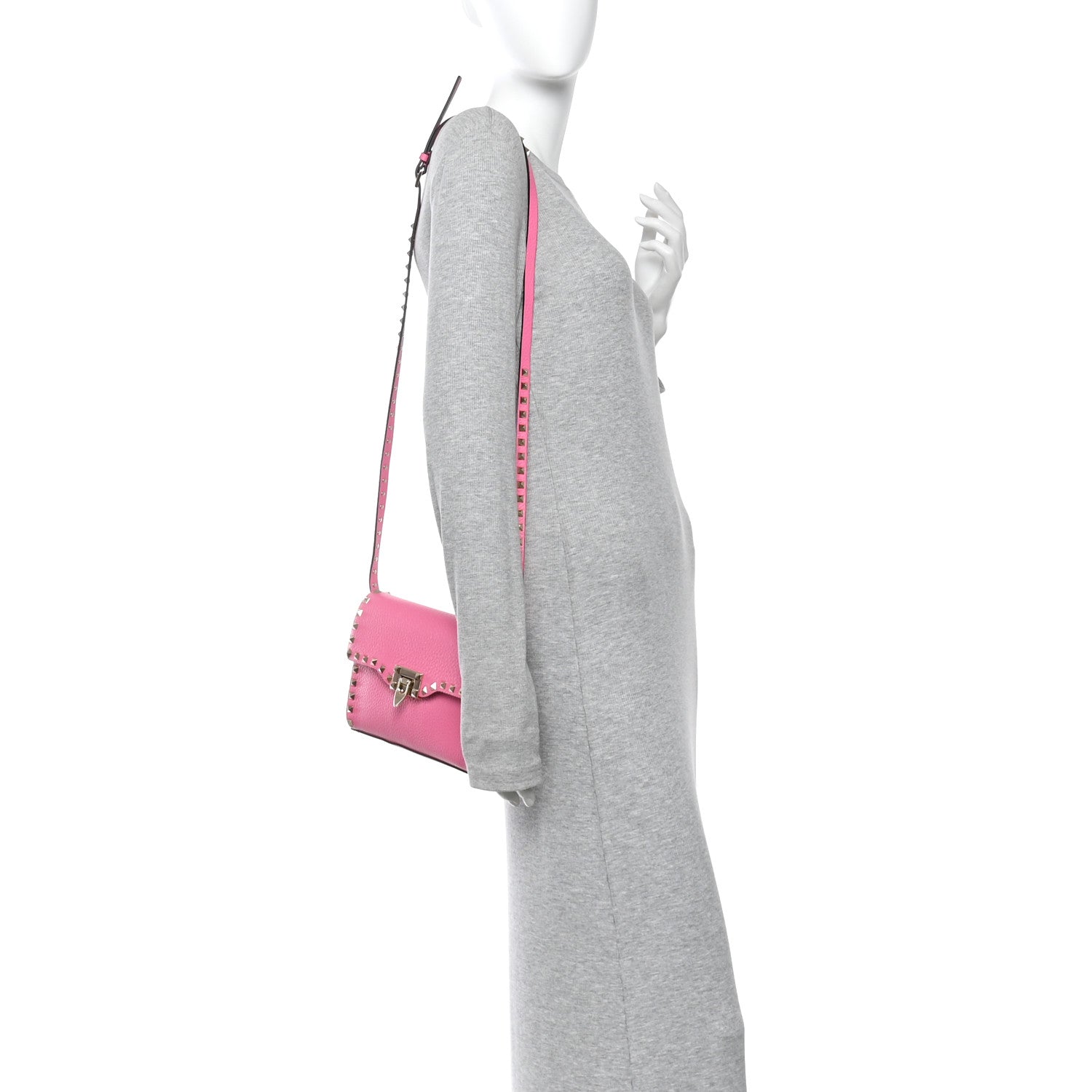 Pebbled Calfskin Medium Rockstud Flip Lock Crossbody Bag Feminine Pink