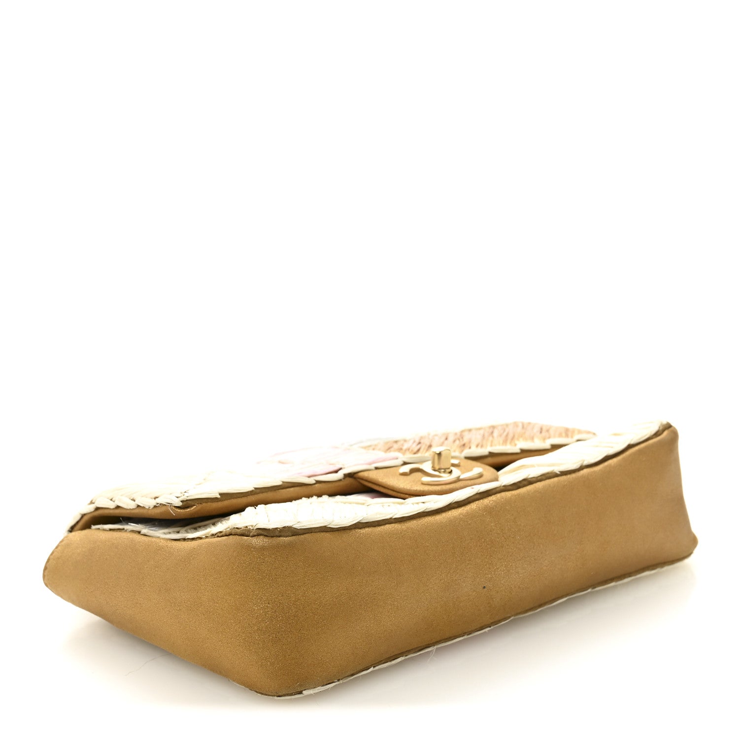 Metallic Woven Raffia Patchwork Single Flap Gold