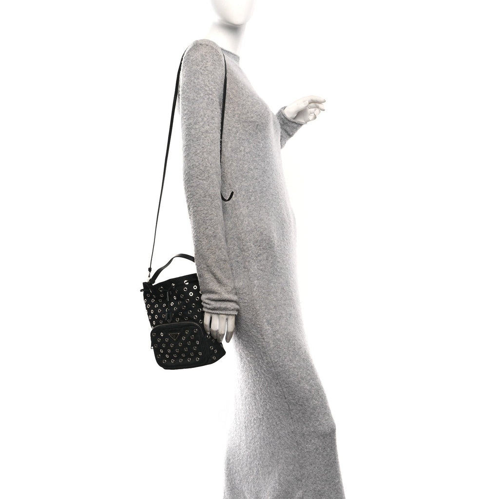Tessuto Nylon Saffiano Grommets Mini Bucket Crossbody Bag Black