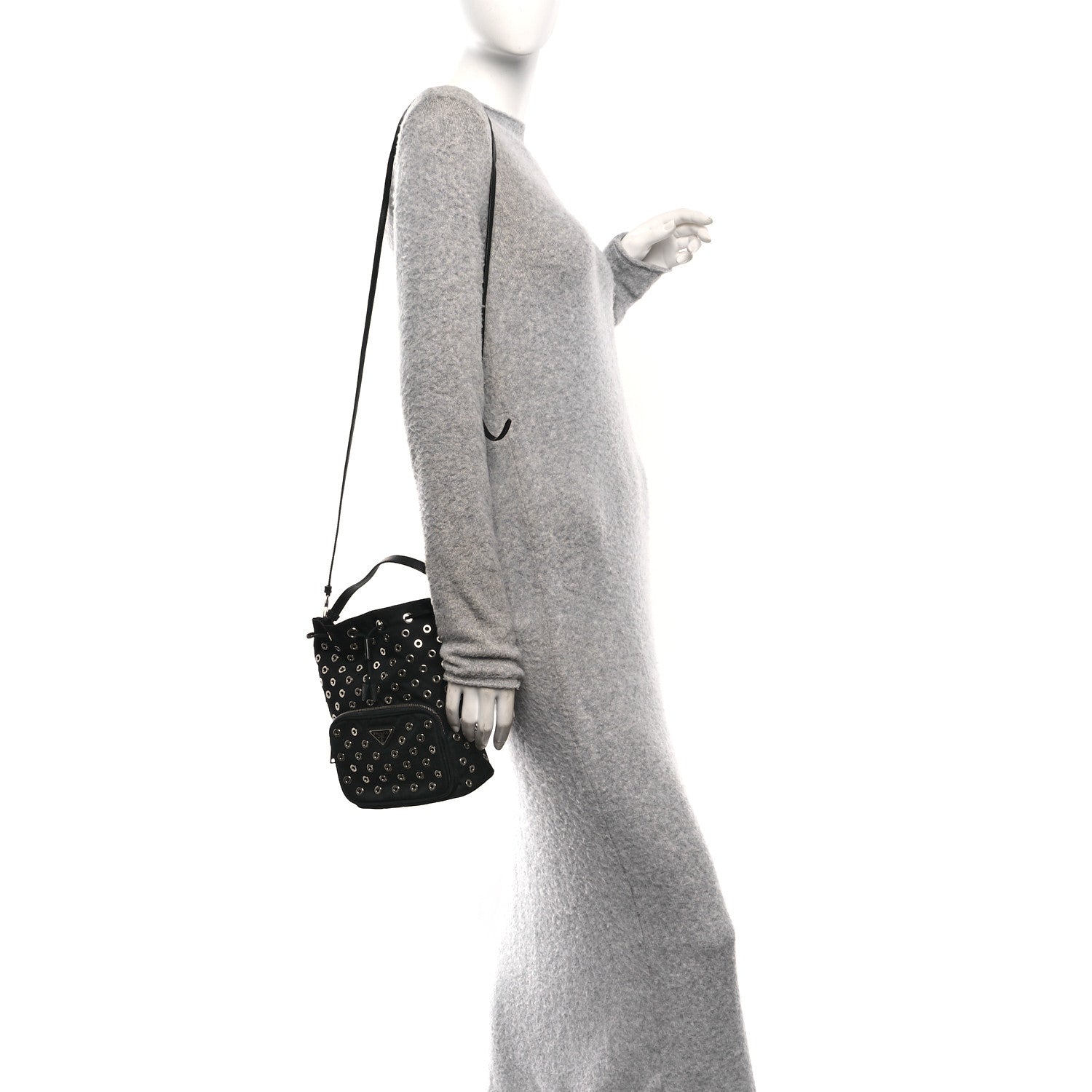 Tessuto Nylon Saffiano Grommets Mini Bucket Crossbody Bag Black