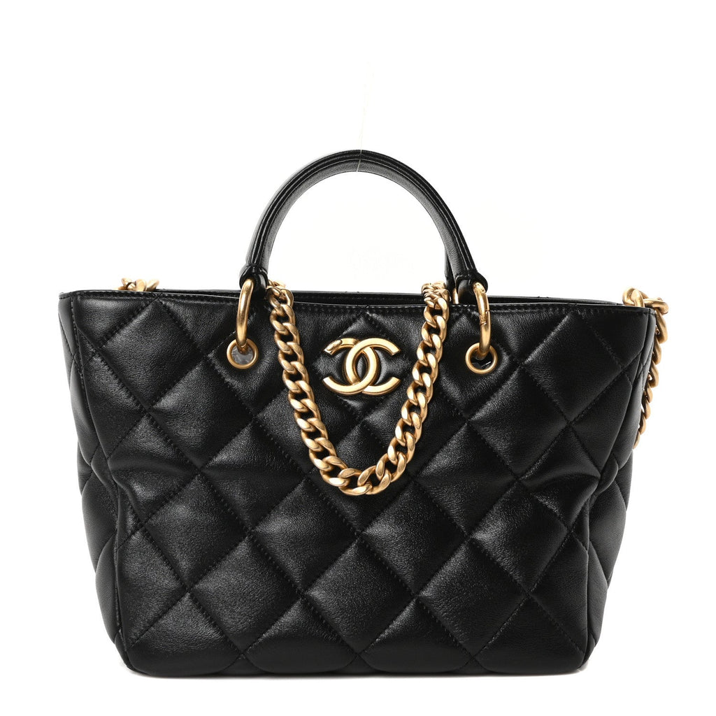 Lambskin Quilted Small Top Handle Shopping Bag Black