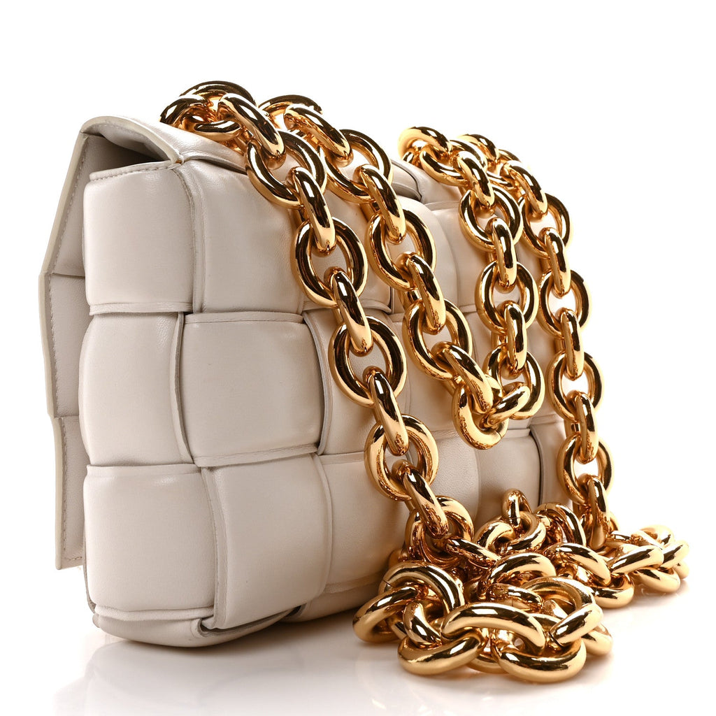Lambskin Maxi Intreccio Padded Chain Cassette Crossbody Bag White