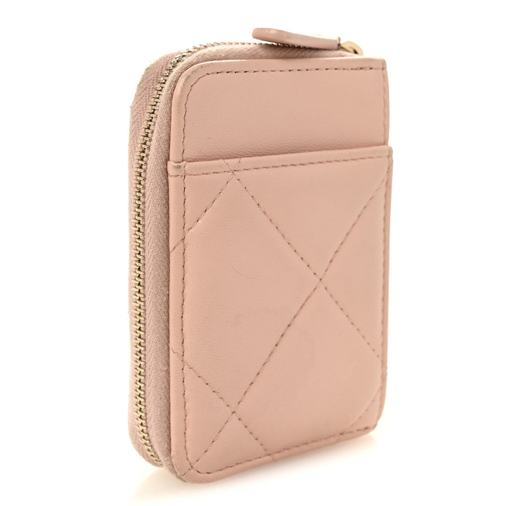 Lambskin Quilted Chanel 19 Vertical Zip  Holder Wallet Light Pink