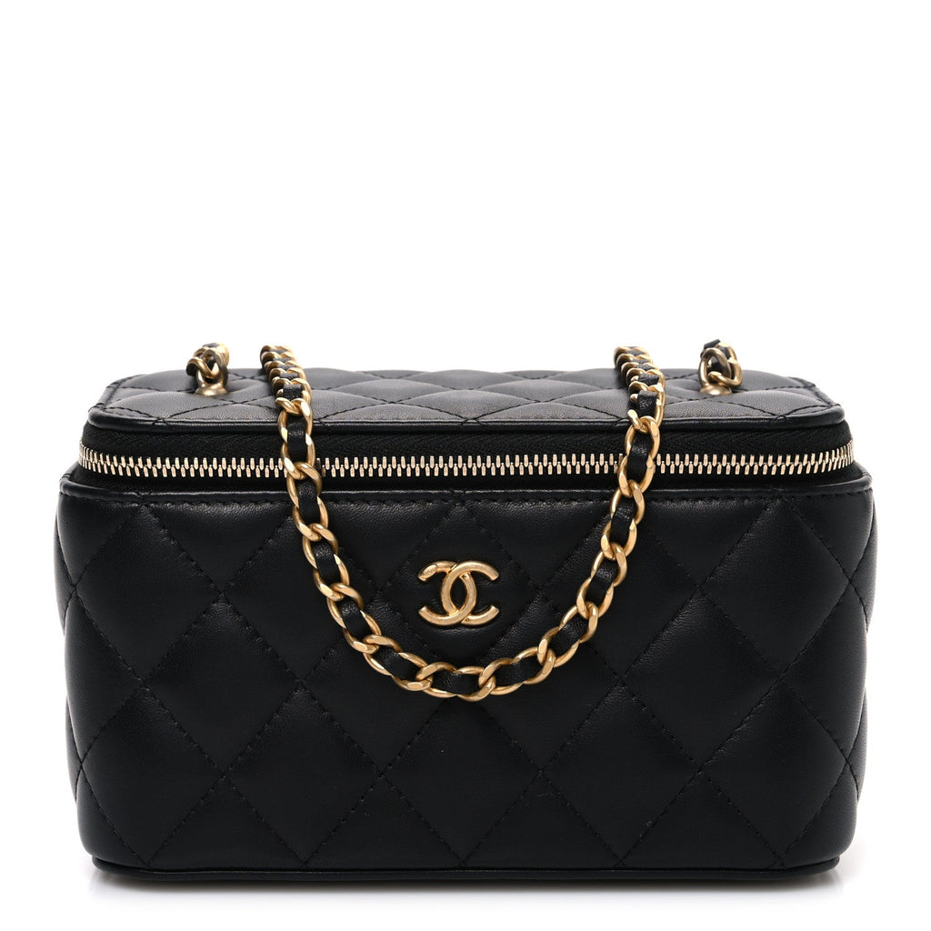 Lambskin Quilted Pearl Crush Small Vanity Case With Chain Black
