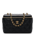 Lambskin Quilted Pearl Crush Small Vanity Case With Chain Black