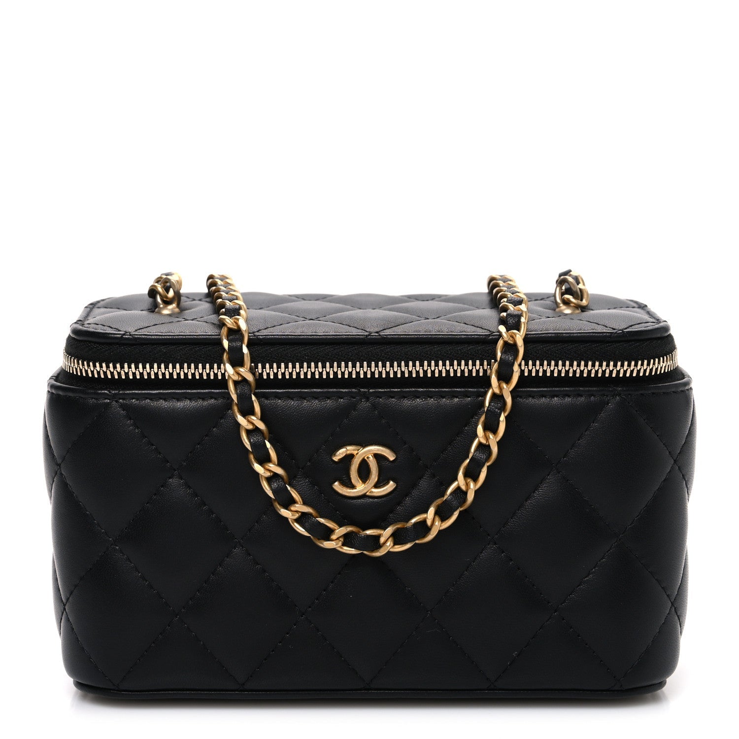 Lambskin Quilted Pearl Crush Small Vanity Case With Chain Black