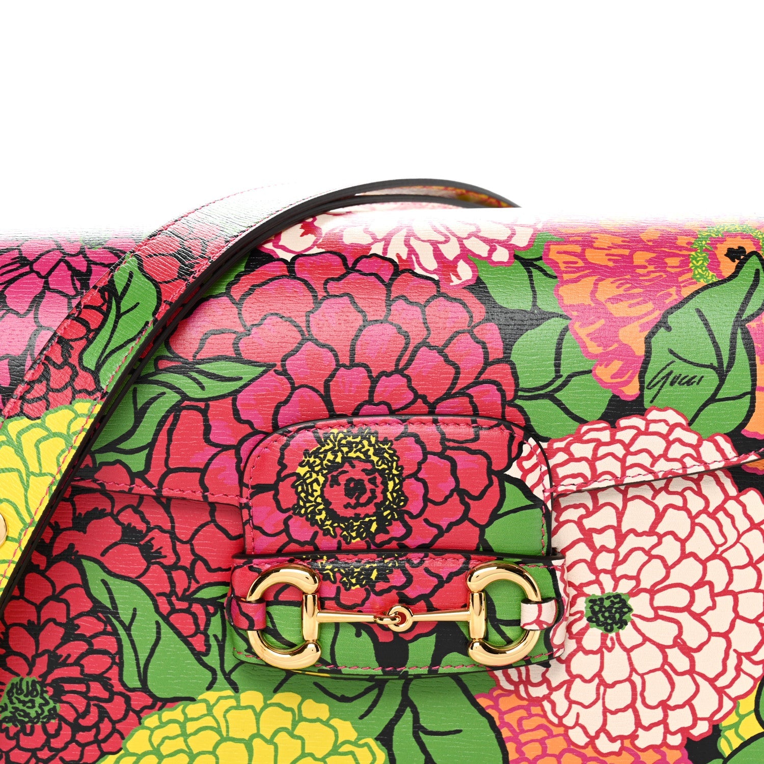X KEN SCOTT New Shangai Calfskin Pomponica Print Horsebit 1955 Shoulder Bag  Multicolor Fuxia Pompon