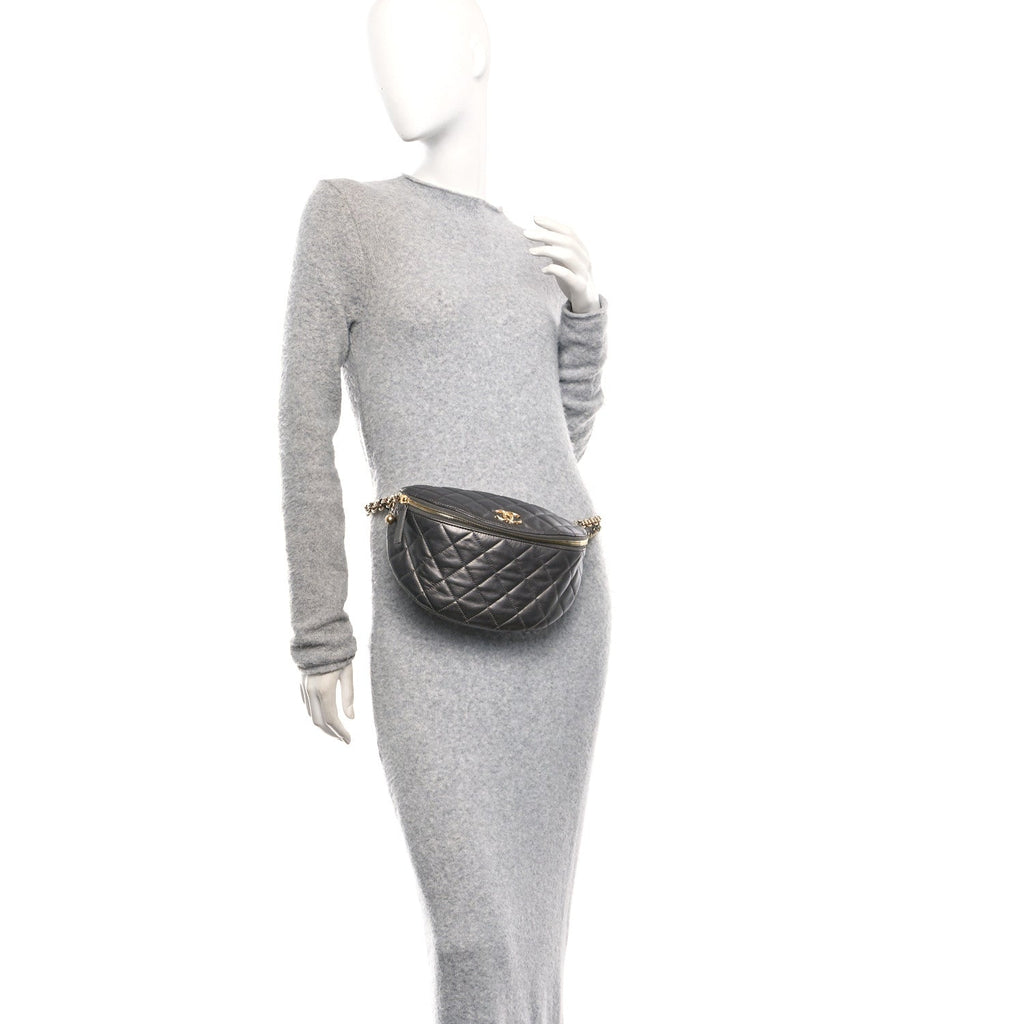 Metallic Calfskin Pearl Quilted CC Belt Bag Ruthenium