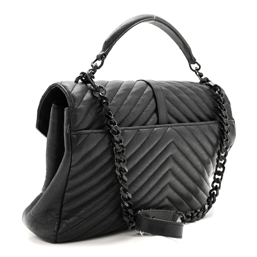 Sheepskin Matelasse Chevron Monogram Monochrome Large College Satchel Black