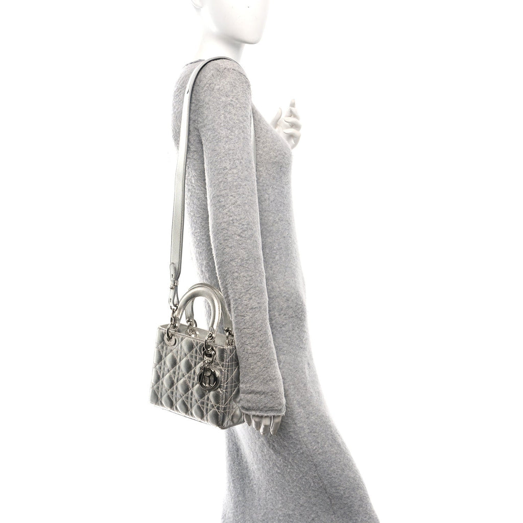 Metallic Grained Calfskin Cannage Small Lucky Badges My Lady Dior Silver