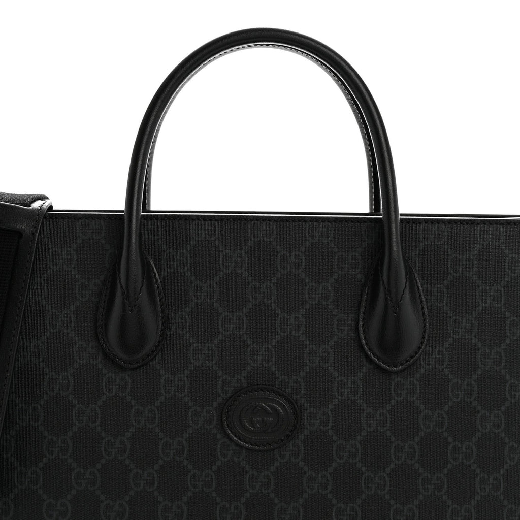GG Supreme Monogram Azalea Calfskin Web Medium Retro Interlocking G Vertical Tote Bag Black