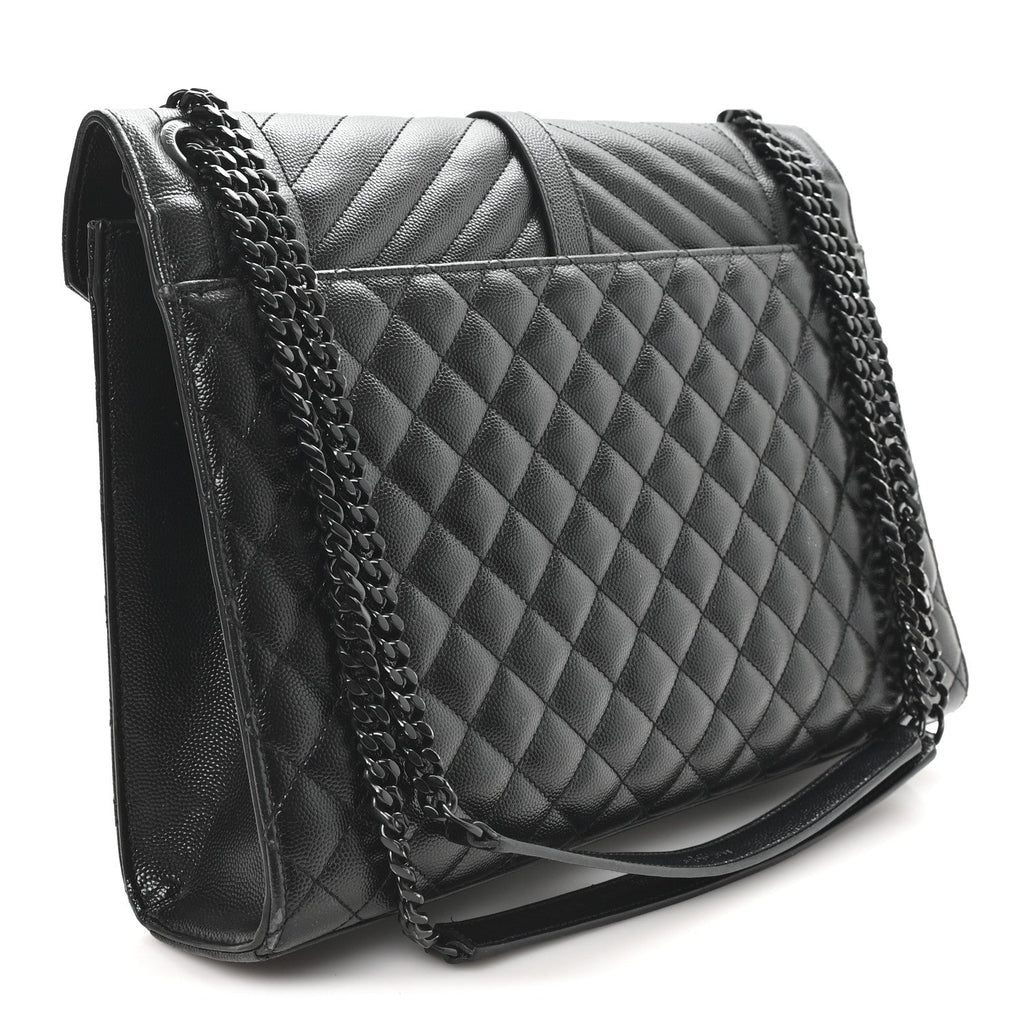 Grain De Poudre Textured Mixed Matelasse Large Triquilt Monogram Monochrome Satchel Black