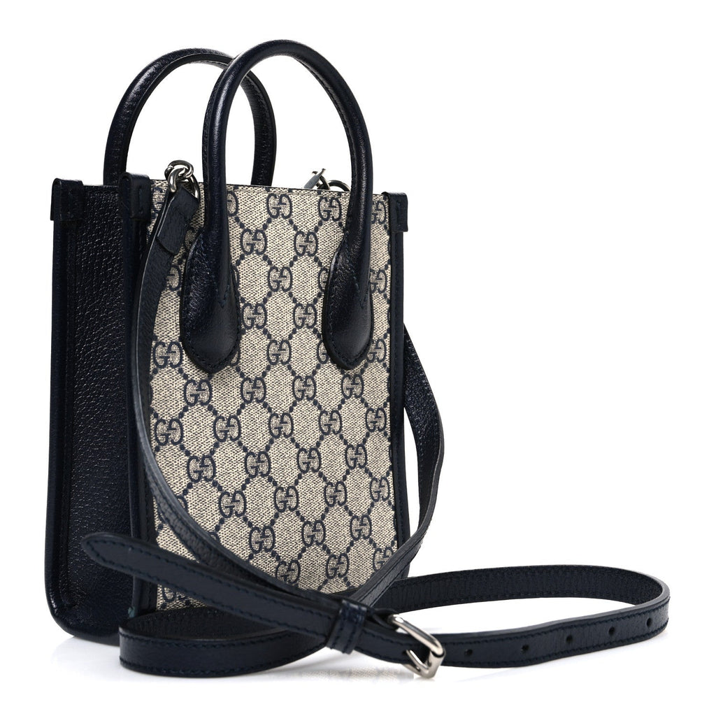 GG Supreme Monogram Textured Dollar Calfskin Mini Retro Interlocking G Tote Bag Beige Blue
