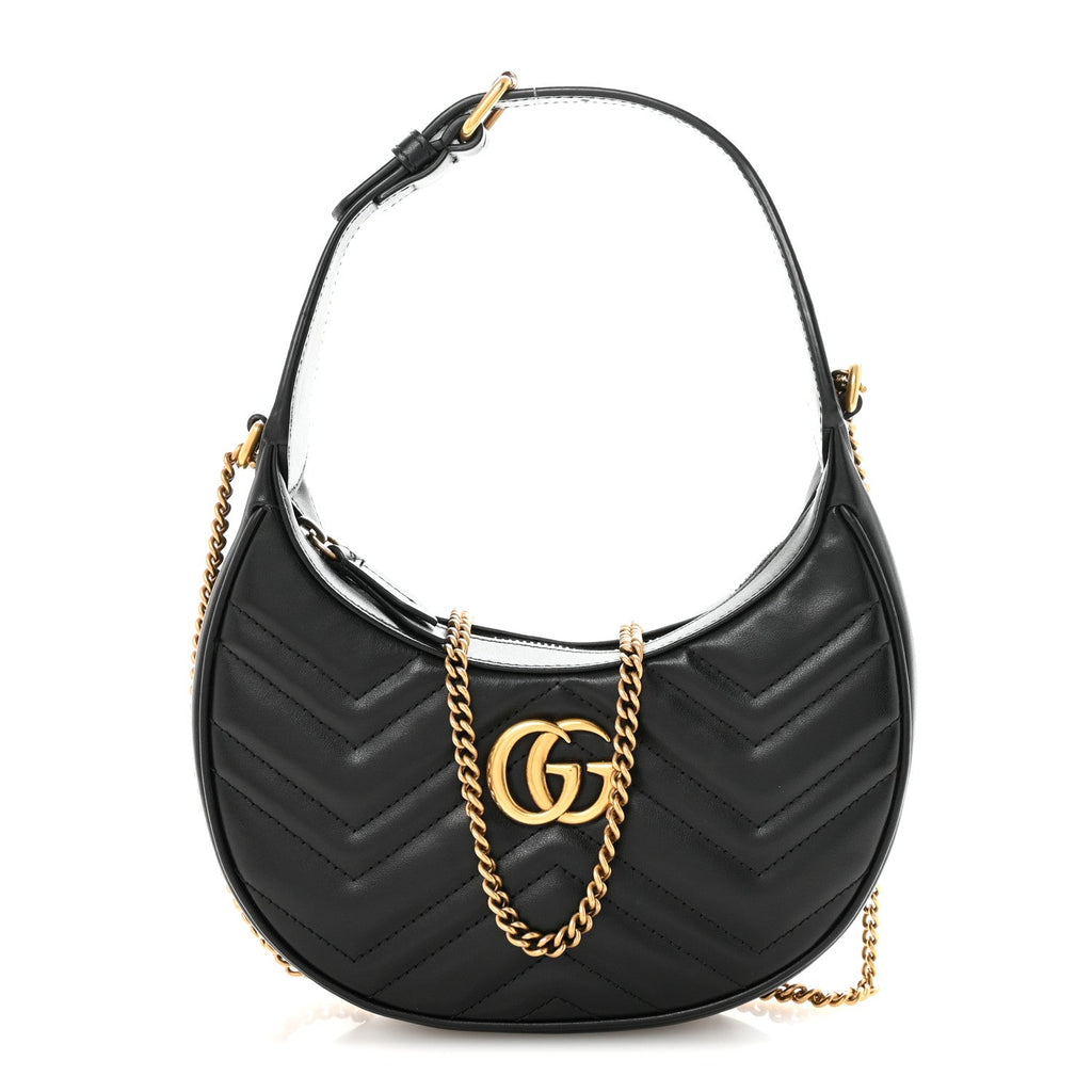 Calfskin Matelasse Chevron Mini GG Marmont Half Moon Hobo Black