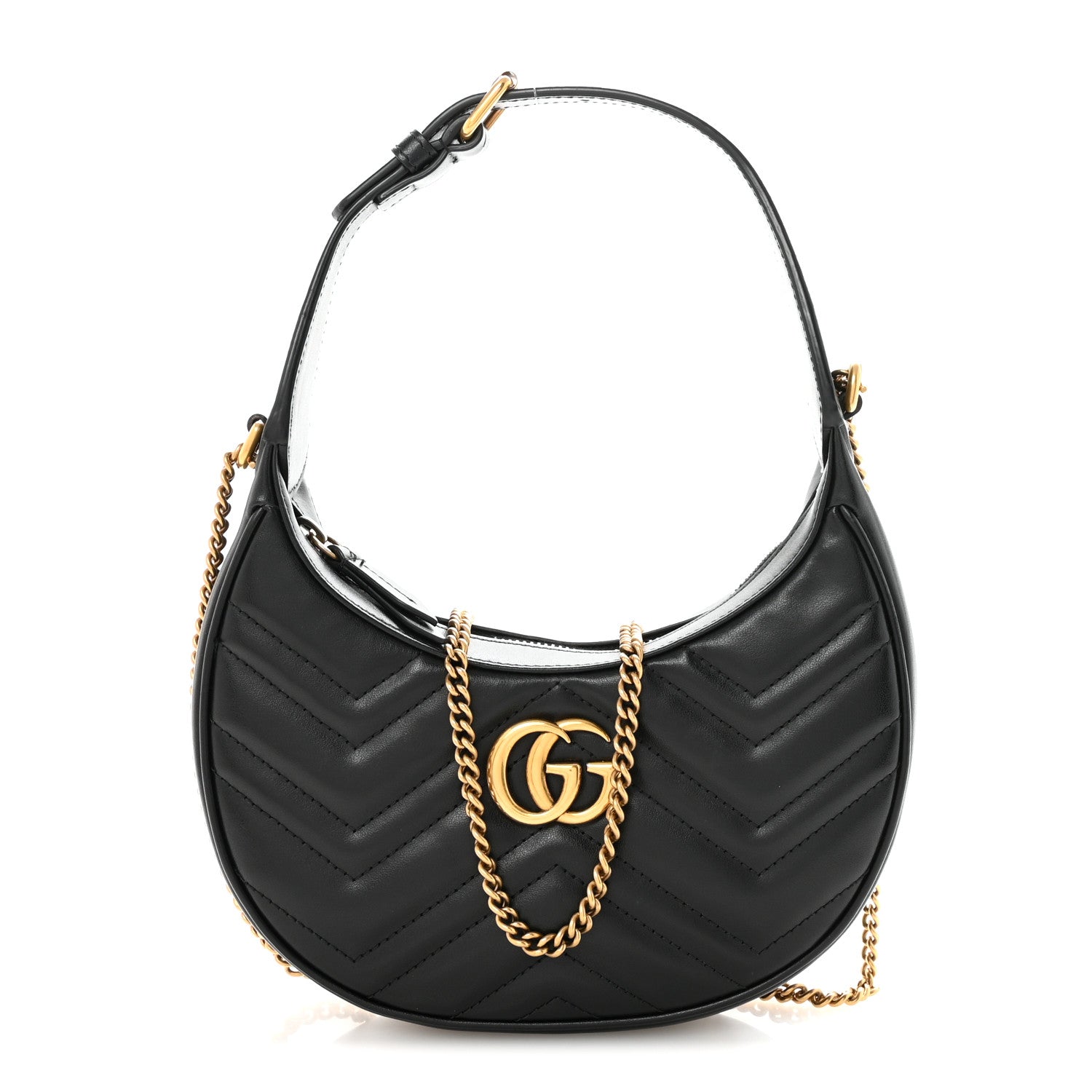Calfskin Matelasse Chevron Mini GG Marmont Half Moon Hobo Black