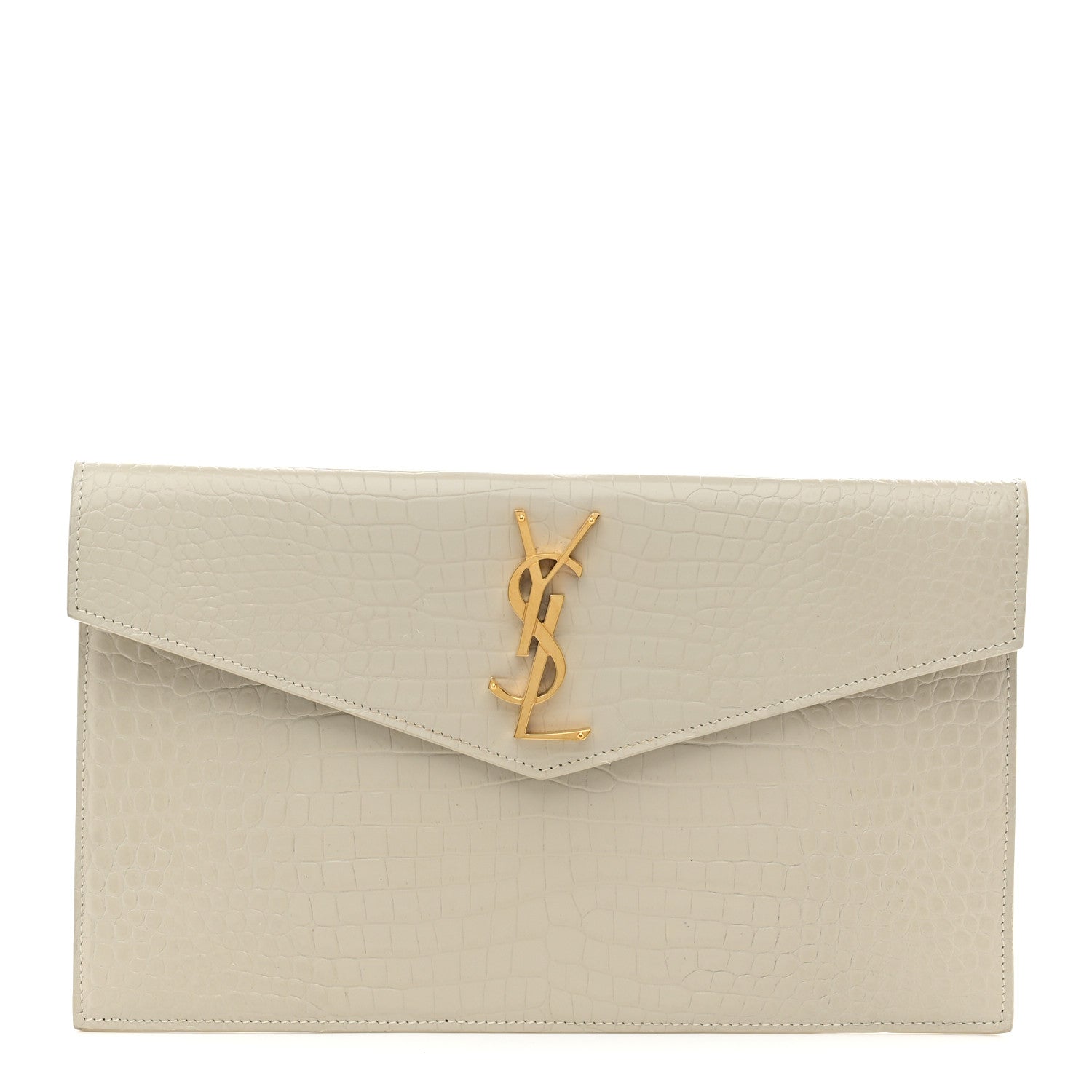 Calfskin Crocodile Embossed Uptown Monogram Pouch Crema Soft