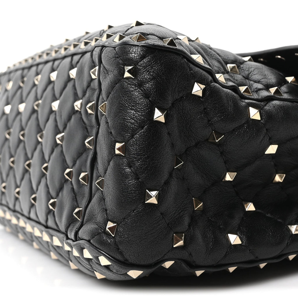 Craquele Nappa Large Rockstud Spike Shoulder Bag Black