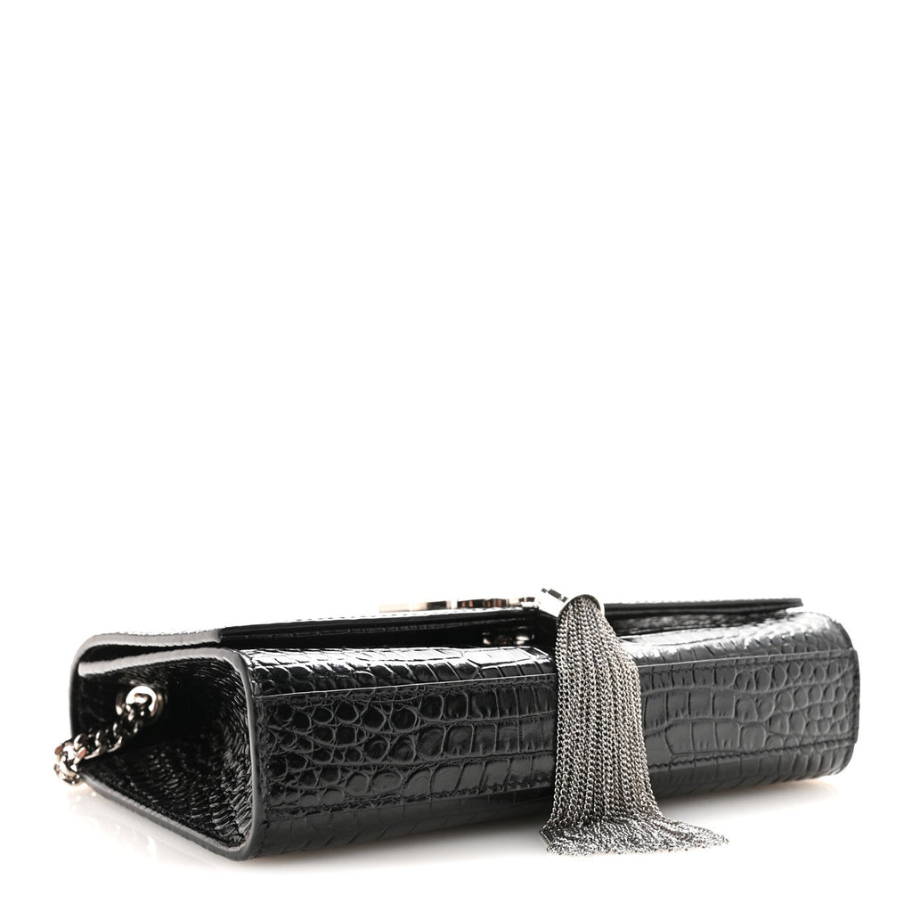 Calfskin Crocodile Embossed Small Classic Monogram Kate Tassel Satchel Black