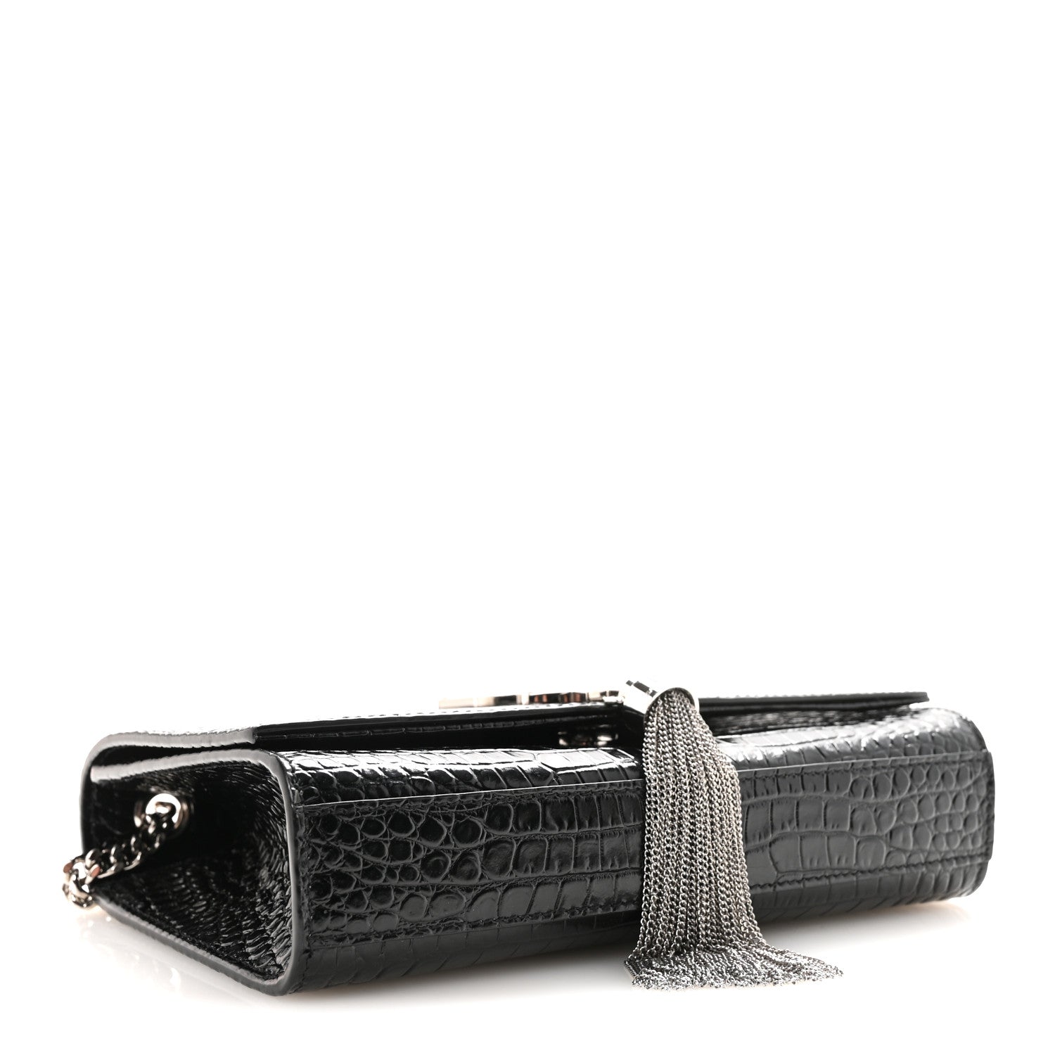 Calfskin Crocodile Embossed Small Classic Monogram Kate Tassel Satchel Black