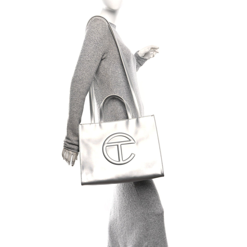Metallic Vegan Leather Medium Shopping Bag Silver