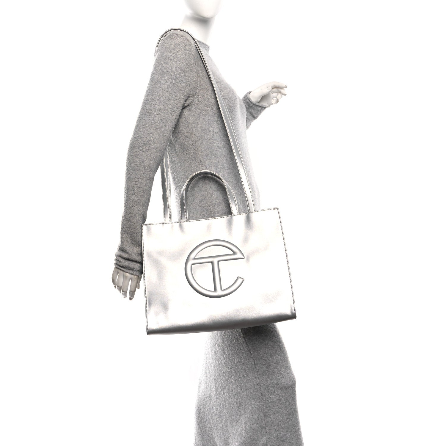 Metallic Vegan Leather Medium Shopping Bag Silver