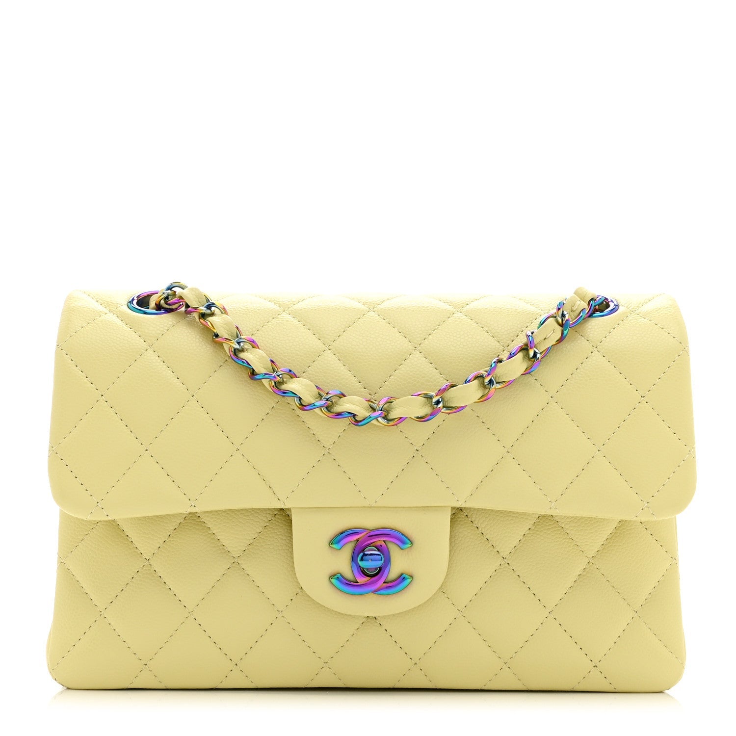 Caviar Quilted Rainbow CC Small Double Flap Green